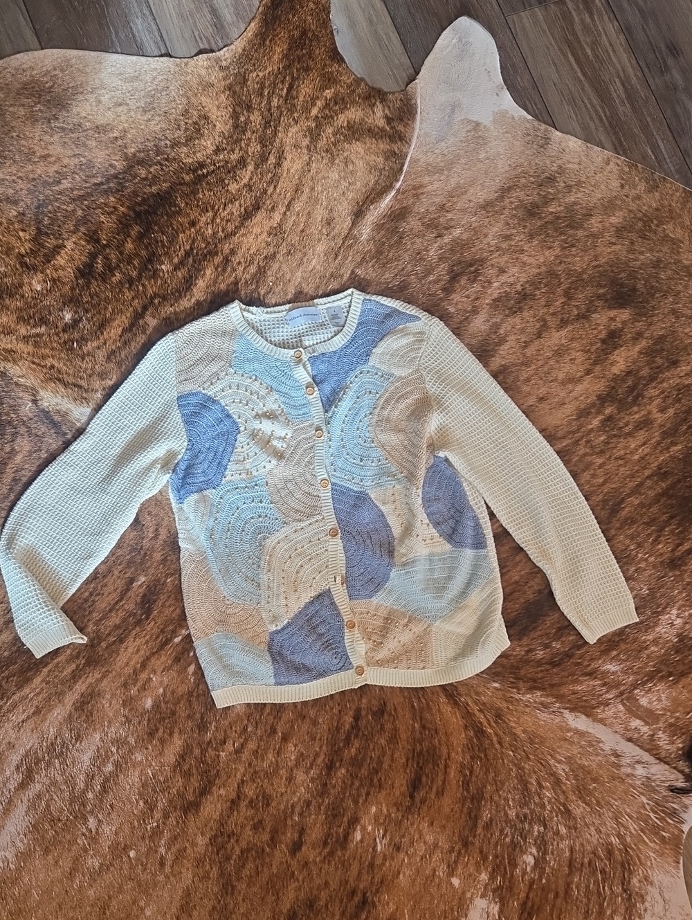 Vintage Alfred Dunner Women Y2K Light Blue & Beige Crochet Cardigan Sz S